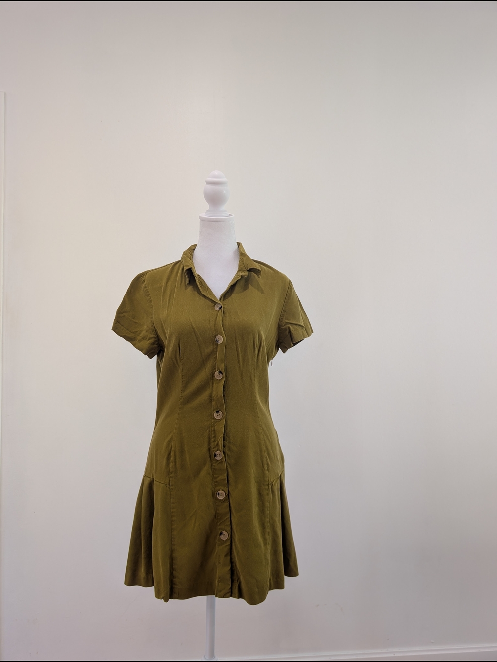 Zara Olive Green Short-Sleeve Button Dress